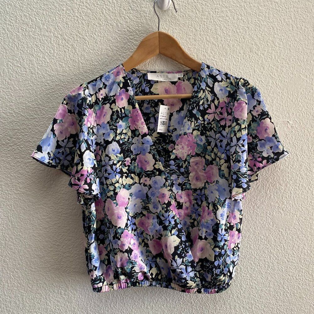 Astr Floral V-Neck Blouse in Black, Pink & Lavender